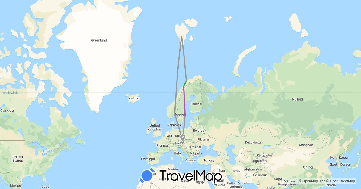 TravelMap itinerary: driving, bus, plane, train in Austria, Norway, Sweden (Europe)